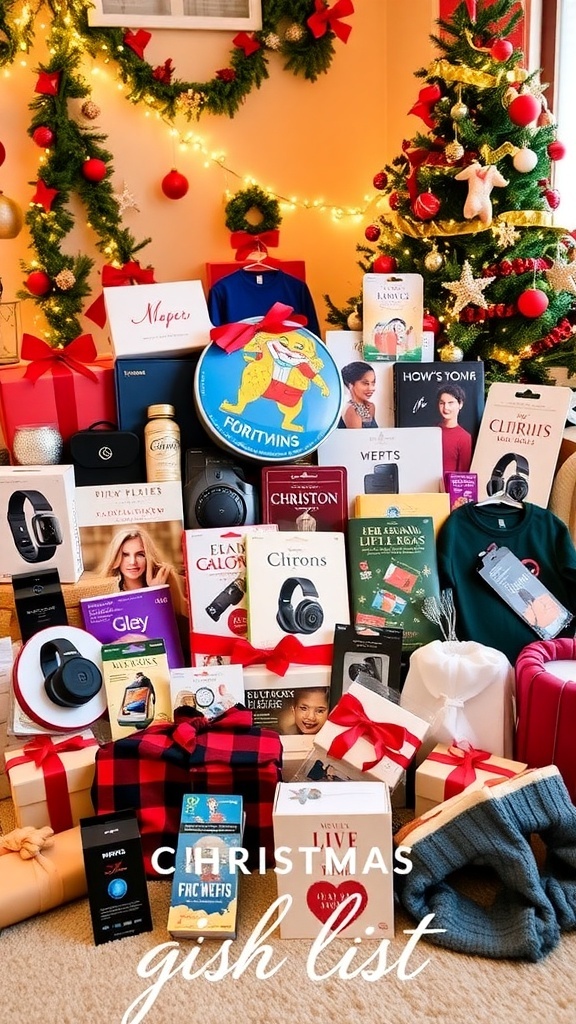 A colorful Christmas wish list with various gift ideas, surrounded by holiday decorations.